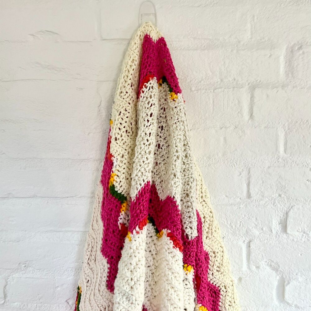 Hand Knitted Chevron Pattern Throw Blanket - Pink, White, and Multicolor
